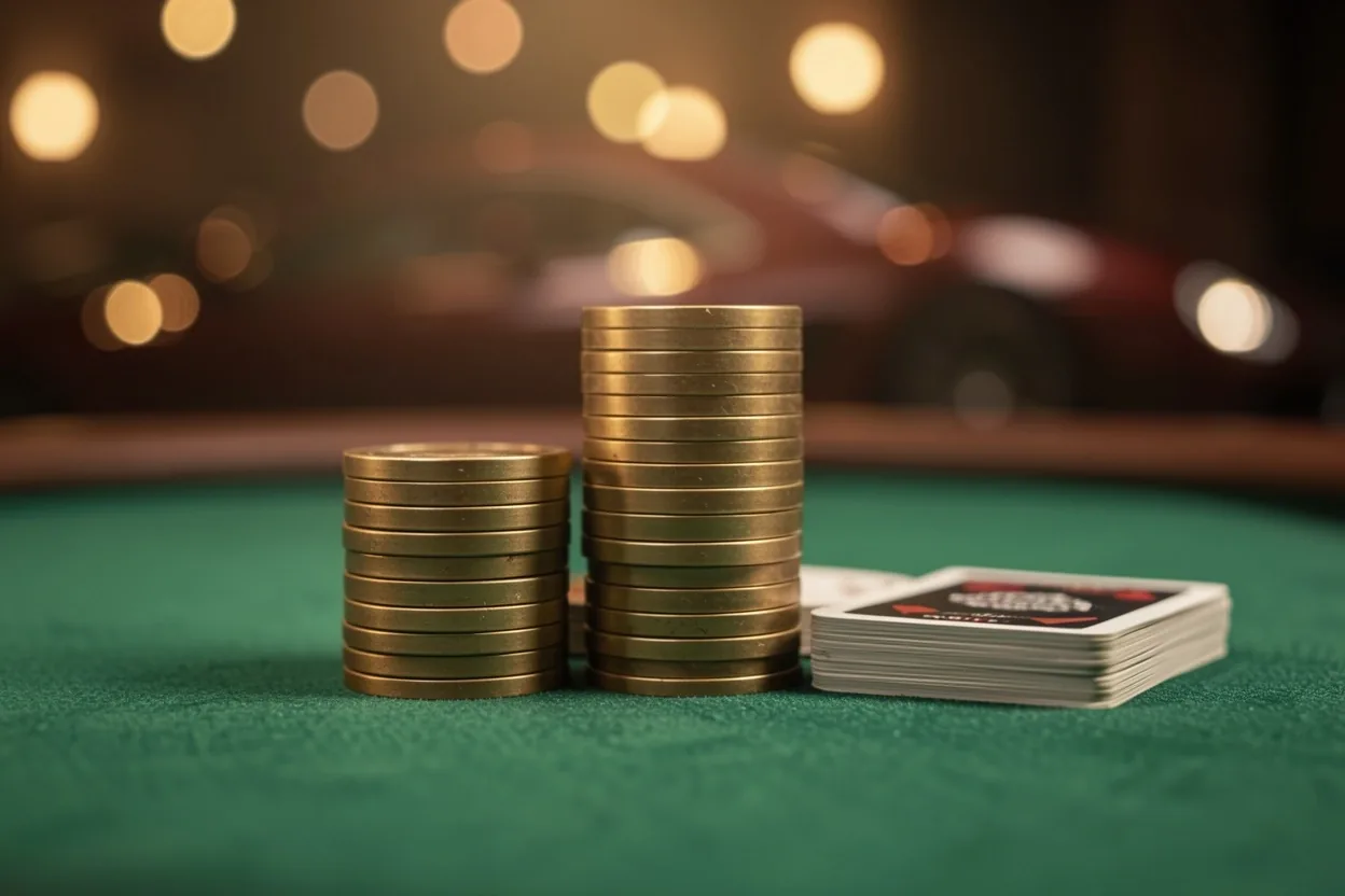 Card table details — chips and cards on green felt